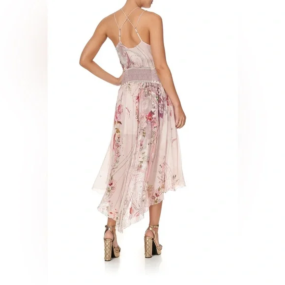 Camilla “Istenanya” pink floral silk strap flowy dress w shirred waistband L/XL?